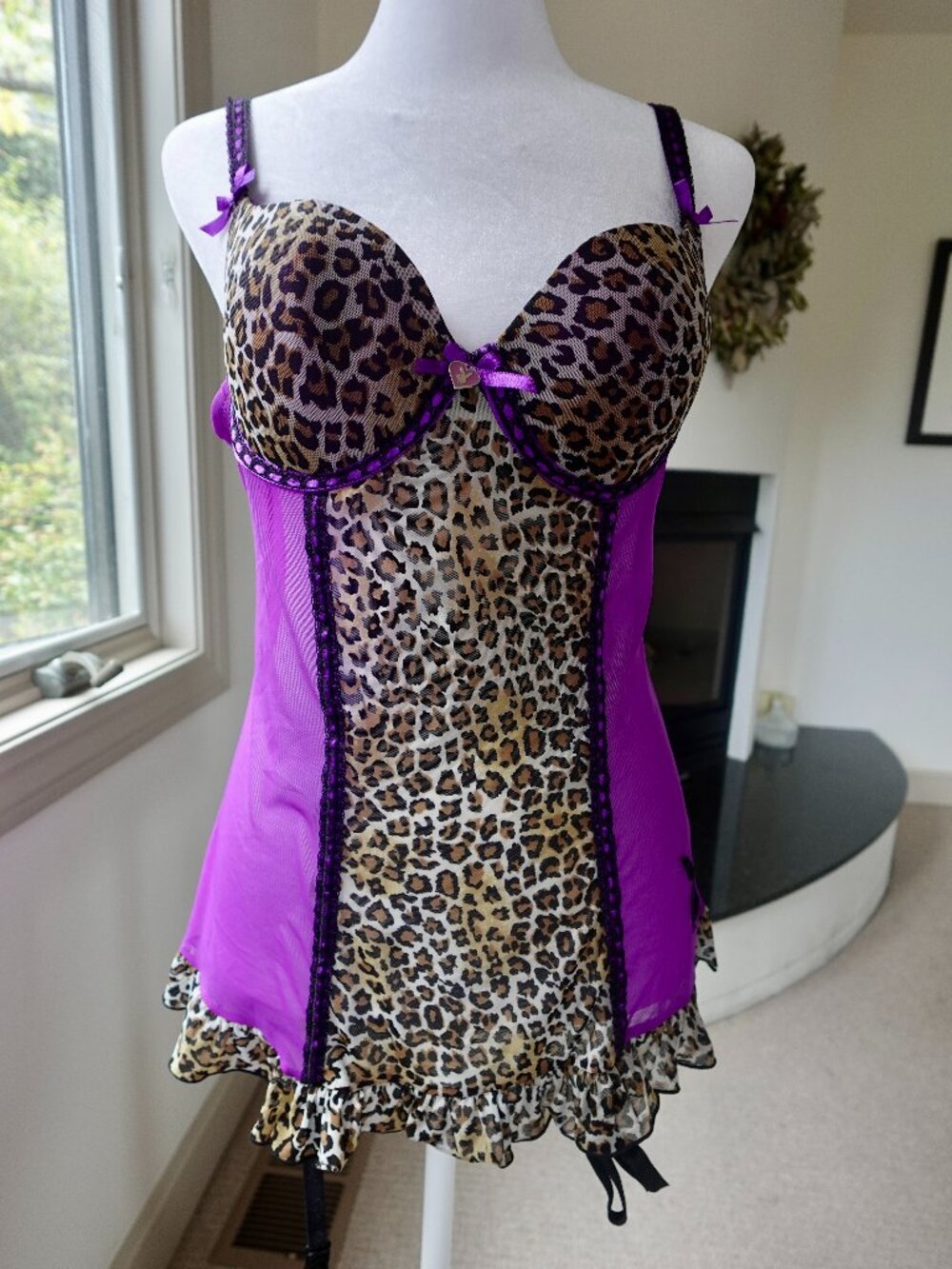 Vintage Y2K Playboy Intimates leopard print and purple mesh chemise ruffles